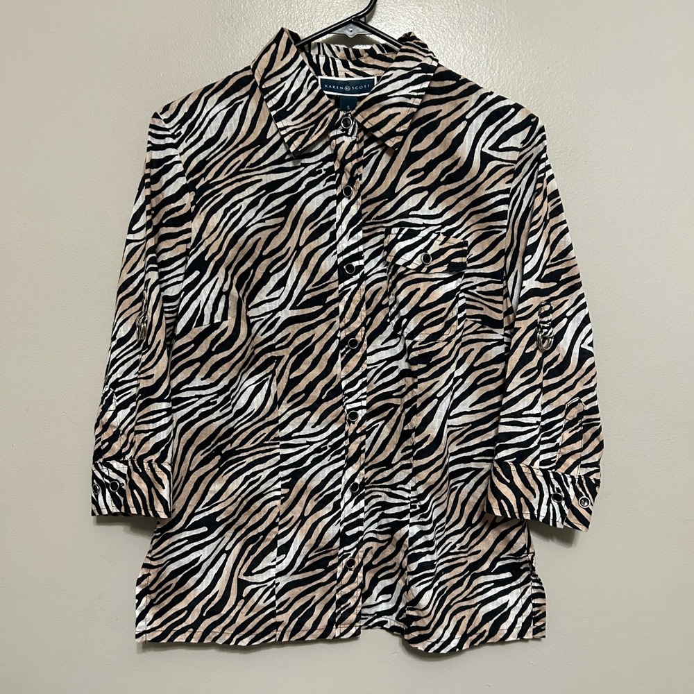 Karen Scott Button Down Shirt Women S Tan Zebra Print Roll-Tab Semi-Sheer Casual